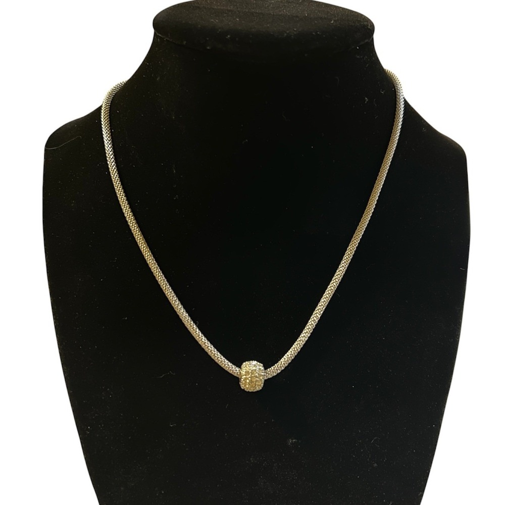 Italy 925 Sterling Silver 16" Mesh Necklace 9.2g Pavé CZ Bead Slide Chain